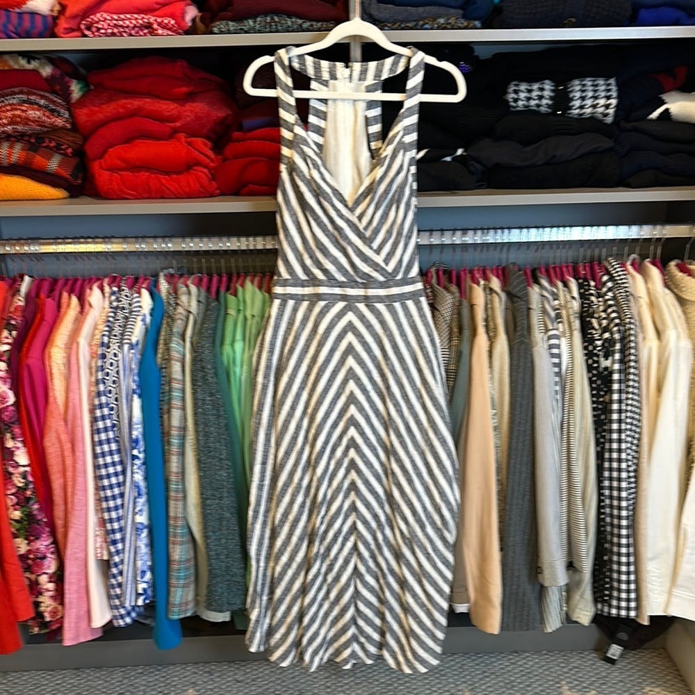 New York & Co. navy/white striped v neck zip back closure midi dress size S